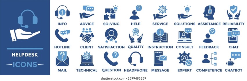 Helpdesk icon collection set. Containing information, advice, solving, help, service, solutions, assistance and more. Solid vector icons collection