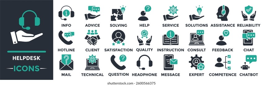 Helpdesk icon collection set. Containing information, advice, solving, help, service, solutions, assistance and more. Solid vector icons collection