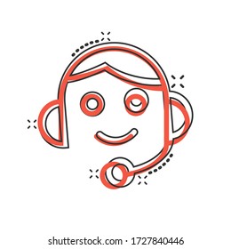 Helpdesk icon in comic style. Headphone cartoon vector illustration on white isolated background. Chat operator splash effect business concept.