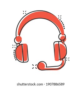 Helpdesk icon in comic style. Headphone cartoon vector illustration on white isolated background. Chat operator splash effect business concept.