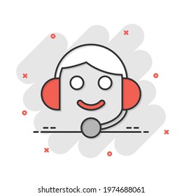 Helpdesk icon in comic style. Headphone cartoon vector illustration on white isolated background. Chat operator splash effect business concept.