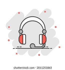 Helpdesk icon in comic style. Headphone cartoon vector illustration on white isolated background. Chat operator splash effect business concept.