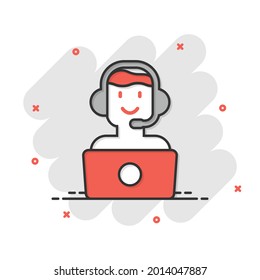 Helpdesk icon in comic style. Headphone cartoon vector illustration on white isolated background. Chat operator splash effect business concept.