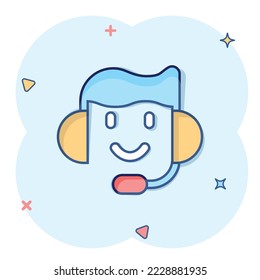 Helpdesk icon in comic style. Headphone cartoon vector illustration on white isolated background. Chat operator splash effect business concept.
