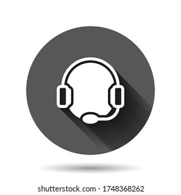 Helpdesk icon in flat style. Headphone vector illustration on black round background with long shadow effect. Chat operator circle button business concept.