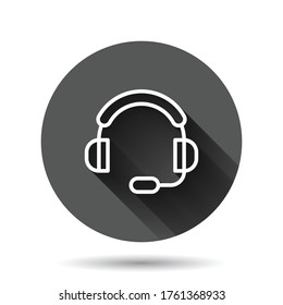 Helpdesk icon in flat style. Headphone vector illustration on black round background with long shadow effect. Chat operator circle button business concept.