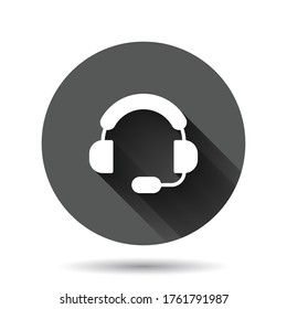 Helpdesk icon in flat style. Headphone vector illustration on black round background with long shadow effect. Chat operator circle button business concept.