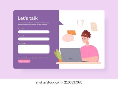 Servicio de asistencia en línea. Asistencia virtual profesional para clientes, servicio de atención al cliente, página de formulario de contacto de fax de plantilla. Página de servicio de asistencia profesional de contacto. Ilustración del vector