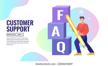 Helpdesk service. Frequency asked questions. asking questions and receiving answers. Customer support concept. man need help.  Flat vetor modern.