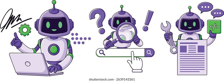 Helpdesk set. Characters using artificial intelligence generative tools for communication. Call center, hotline, customer support service concept. 