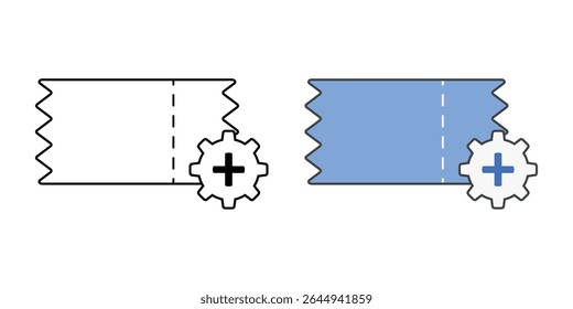 Ícone de criação de tíquete de helpdesk com forma de tíquete, sinal de adição e engrenagens, em estilos de estrutura de tópicos e cores, ideal para ilustrar solicitações de suporte de TI, relatórios de problemas e fluxos de trabalho de service desk.