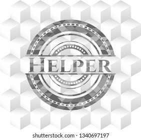 Helper grey emblem. Vintage with geometric cube white background