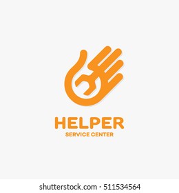 Helper logo template design with hand and spanner. Vector illustration.