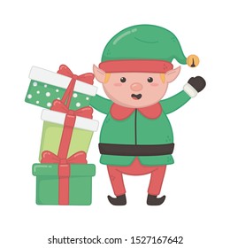 helper with stacked gift boxes decoration merry christmas vector illustration