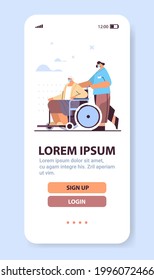 helper taking care of senior disabled patient nurse pushing wheelchair care service concept vertical