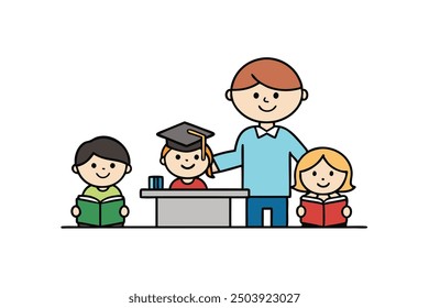 Teacher’s Helpers: Students Assisting in Class Vector Illustration, Cartoon, Clipart, and Line Art Design