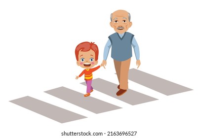 Helpful Boy Helping Old Uncle Crossing Stock Vector (Royalty Free ...