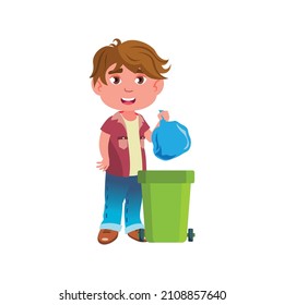 Helpful Boy Kid Taking Out Trash In Bucket Cartoon Vector. Helpful Boy Kid Taking Out Trash In Bucket Character. Isolated Flat Cartoon Illustration