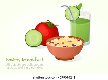 Helpful, breakfast, tomato, cucumber, cereals, porridge, berry juice drink