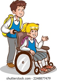 Helpful child carrying her friend in a wheelchair, exemplary behavioral training cartoon vector