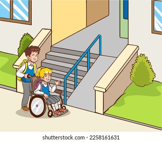 Helpful child carrying her friend in a wheelchair, exemplary behavioral training cartoon vector