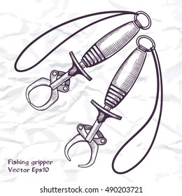 Helpful fishing tool: the fish gripper. Sketch style outline vector illustration on crumpled paper background.