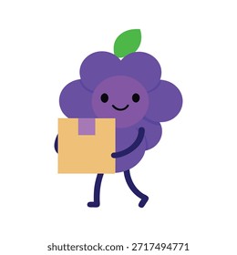 Helpful grape character carrying a box purple and blue flat illustration suitable for delivery themes teamwork branding and playful visuals
