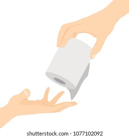 Helpful hand holding toilet paper passing to other hand in need