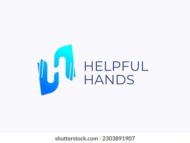 Helpful Hands Abstract Vector Logo Template. Palm Hands Forming Letter H. Negative Space Creative Concept. Isolated