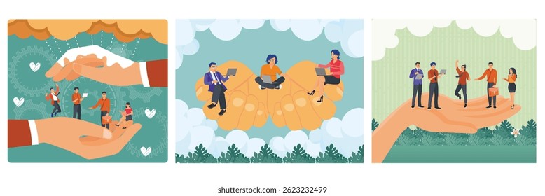 Helpful hands sheltering businesspeople. Human resources work to protect team. A giant hand carrying professionals showcasing well-being at workplace. Employee care concept. 