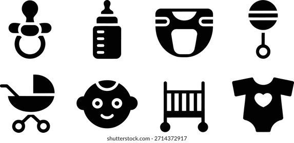 Um conjunto útil de ícones simples de silhueta preta representando vários itens essenciais do bebê como uma chupeta, garrafa, fralda, chocalho, carrinho e berço.