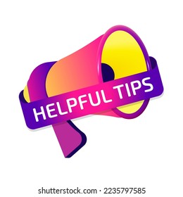 Helpful Tips banner label, badge icon with megaphone. Flat design