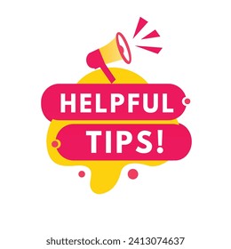Helpful tips banner template, red label with megaphone design modern style. Vector template isolated white background.
