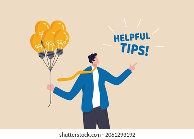 Helpful tips for business, useful ideas or smart trick to success, advice or suggestion information for improvement concept, smart businessman holding lightbulb ideas balloon telling helpful tips.