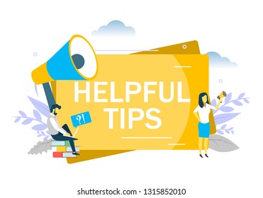 Helpful tips, business woman speaking through megaphone, man asking questions via laptop. Vector flat illustration for web banner, website page etc. Frequently asked questions FAQ concept