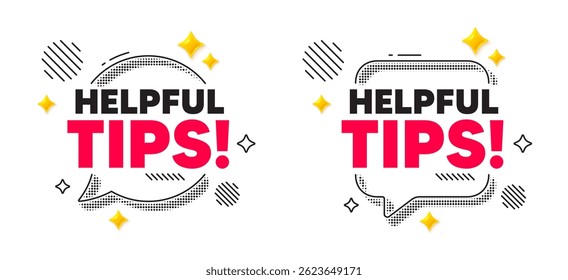 Helpful tips chat speech bubble. Social media concept. Helpful tips tag. Education faq sign. Help assistance symbol. 3d flare stars chat bubble. Vector