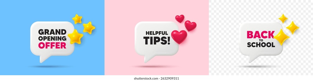 Helpful tips chat speech bubble. 3d stars, sparkles, hearts chat bubbles. Helpful tips tag. Education faq sign. Help assistance symbol. Final sale, Back to school tag. Vector