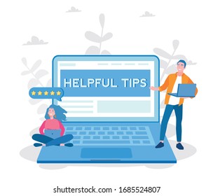 Helpful tips in laptop with happy characters Vector illustration for web banner, infographics, mobile