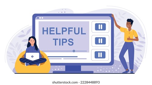 Helpful tips in laptop. Man and woman next to tablet, modern technology and the digital world. Gadgets and devices. Application and program. Poister or banner. Cartoon flat vector illustration