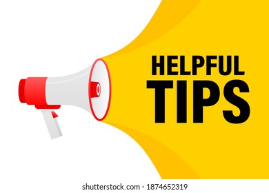 Helpful tips megaphone yellow banner in 3D style on white background. Vector illustration.