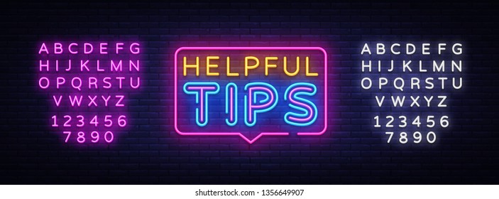 Helpful Tips Neon Text Vector. Helpful Tips neon sign, design template, modern trend design, night neon signboard, night bright advertising, light banner, light art. Vector. Editing text neon sign