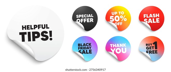 Helpful tips sticker tag. Special offer paper price tags. Helpful tips tag. Education faq sign. Help assistance symbol. Discount, black friday sticker. Promo banner. Vector