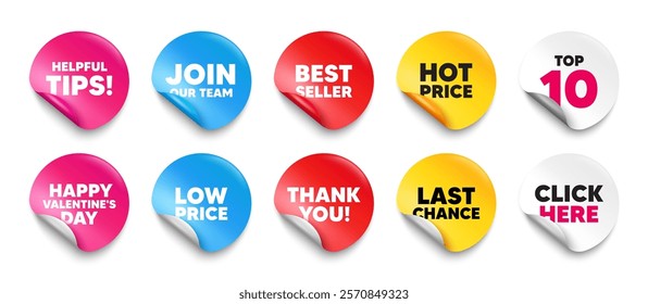 Helpful tips sticker tag. Top 10, Best seller, Hot price banners. Helpful tips tag. Education faq sign. Help assistance symbol. Join our team sticker. Vector