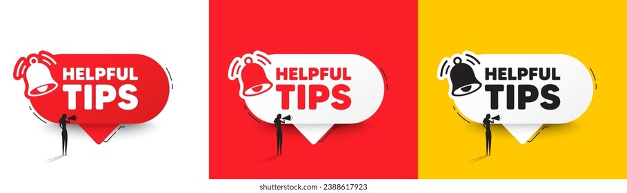 Helpful tips tag. Speech bubbles with bell and woman silhouette. Education faq sign. Help assistance symbol. Helpful tips chat speech message. Woman with megaphone. Vector