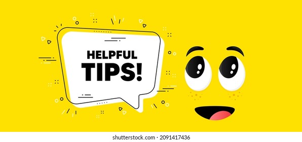 Helpful tips text. Cartoon face chat bubble background. Education faq sign. Help assistance symbol. Helpful tips chat message. Character smile face background. Vector