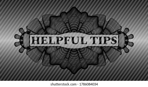 Helpful tips text inside Linear carbon fiber dark badge. Polymer texture luxurious background. Illustration. 