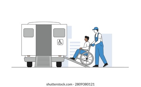 Helpful transport worker operating a mechanical ramp to assist a person in a wheelchair boarding a specialized disability accessible vehicle.