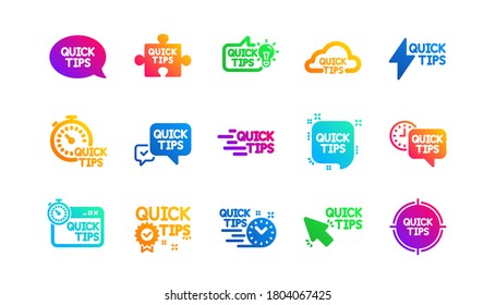 Helpful tricks, Solution and Quickstart guide. Quick tips icons. Tutorial classic icon set. Gradient patterns. Quality signs set. Vector