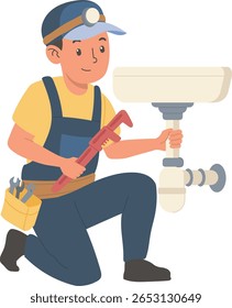 Uma ilustração vetorial útil de um encanador jovem ajoelhado e usando uma chave vermelha grande para trabalhar nos tubos sob uma pia branca
