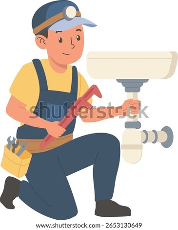 A helpful vector illustration of a young plumber kneeling and using a large red pipe wrench to work on the pipes under a white sink